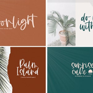 Pode incluir: Quatro designs de logotipo diferentes com um estilo de fonte manuscrita. O primeiro logotipo &eacute; "Moonlight" em texto branco sobre um fundo marrom. O segundo logotipo &eacute; "do more with less" em texto branco sobre um fundo branco com uma planta verde em um vaso. O terceiro logotipo &eacute; "Palm Island | luxury hotel & spa |" em texto branco sobre um fundo marrom. O quarto logotipo &eacute; "Sunrise cafe | breakfast & brunch |" em texto branco sobre um fundo azul esverdeado.