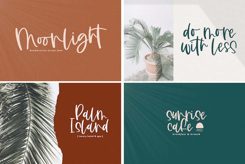 Pode incluir: Quatro designs de logotipo diferentes com um estilo de fonte manuscrita. O primeiro logotipo &eacute; "Moonlight" em texto branco sobre um fundo marrom. O segundo logotipo &eacute; "do more with less" em texto branco sobre um fundo branco com uma planta verde em um vaso. O terceiro logotipo &eacute; "Palm Island | luxury hotel & spa |" em texto branco sobre um fundo marrom. O quarto logotipo &eacute; "Sunrise cafe | breakfast & brunch |" em texto branco sobre um fundo azul esverdeado.