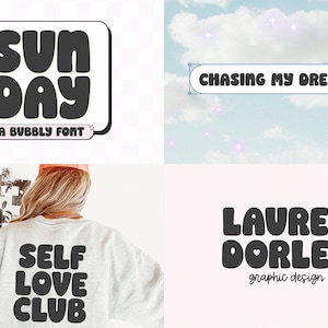 May include: A digital graphic design featuring a bubbly font style. The text reads "Sun Day" in a black font with a white outline. The text is set against a white background with a black border.