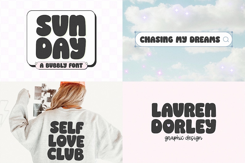 May include: A digital graphic design featuring a bubbly font style. The text reads "Sun Day" in a black font with a white outline. The text is set against a white background with a black border.