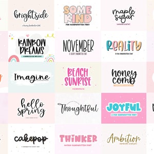 May include: A collection of 20 colorful hand-drawn font designs. The fonts are displayed in a grid with a variety of words and phrases, including "fresh lemonade", "brightside", "some kind", "maple sugar", "honey", "beach bikini", "rainbow dreams", "november", "reality", "hayward", "tigerlily", "imagine", "beach sunrise", "honey comb", "blueberry muffin", "sour slushy", "hello spring", "thoughtful", "joyful", "however", "asteroid", "cakepop", "twinker", "ambition", and "the wild one".