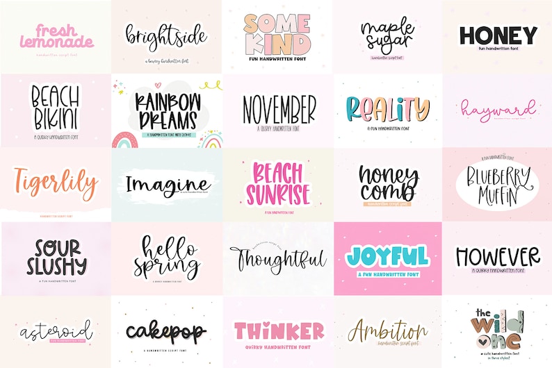 May include: A collection of 20 colorful hand-drawn font designs. The fonts are displayed in a grid with a variety of words and phrases, including "fresh lemonade", "brightside", "some kind", "maple sugar", "honey", "beach bikini", "rainbow dreams", "november", "reality", "hayward", "tigerlily", "imagine", "beach sunrise", "honey comb", "blueberry muffin", "sour slushy", "hello spring", "thoughtful", "joyful", "however", "asteroid", "cakepop", "twinker", "ambition", and "the wild one".