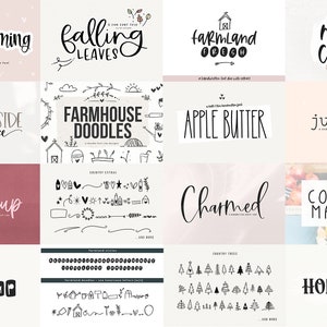 Peut inclure: Une collection de 12 polices de caract&egrave;res dessin&eacute;es &agrave; la main sur le th&egrave;me de la ferme. Les polices sont en noir et blanc et pr&eacute;sentent une vari&eacute;t&eacute; de styles, notamment l'&eacute;criture cursive, sans empattement et avec empattement. Les polices sont parfaites pour cr&eacute;er des objets artisanaux, des enseignes et des d&eacute;corations sur le th&egrave;me de la ferme.