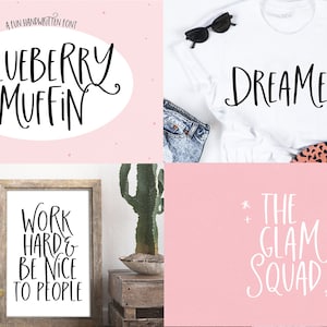 May include: A collage of four images showcasing a handwritten font called "Blueberry Muffin". The font is used in various examples, including "Dreamer", "Work Hard & Be Nice To People", and "The Glam Squad".