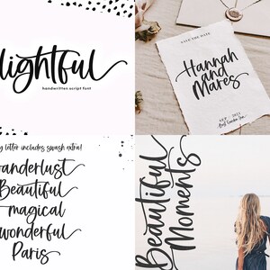 May include: A handwritten font script with the word "delightful" in black on a white background. The font is used in other examples, including the words "wanderlust", "beautiful", "magical", "wonderful", "Paris", and "beautiful moments". The font is also used on a save the date card with the text "Hannah and Mares" in black on a white background.