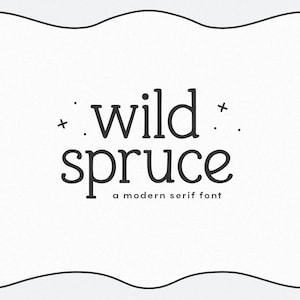 May include: A white background with the words "wild spruce" in a bold, black serif font. The text is framed by a decorative black border with swirls and bows. Below the text is the phrase "a modern serif font".