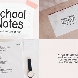 May include: A collection of stationery items. It includes a notepad with the text "School Notes," a handwritten address on an envelope, and pages with scientific method notes. A watch is also visible.