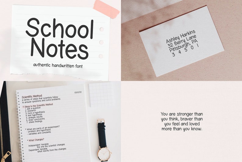 May include: A collection of stationery items. It includes a notepad with the text "School Notes," a handwritten address on an envelope, and pages with scientific method notes. A watch is also visible.