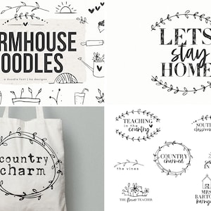 Peut inclure: Police de caract&egrave;res et &eacute;l&eacute;ments de design de style farmhouse en noir et blanc. Le texte "FARMHOUSE DOODLES" est affich&eacute; en gras. L'image comprend une vari&eacute;t&eacute; de gribouillis, dont une maison, un arrosoir, un rouleau &agrave; p&acirc;tisserie, une plante en pot, un verre de limonade et une couronne. Le texte "LETS stay HOME" est affich&eacute; dans une couronne avec des feuilles.