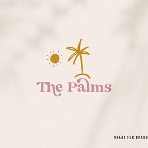 May include: A logo design featuring a stylized palm tree and sun in gold with the text "The Palms" in pink. The text "Great for branding and logos" is at the bottom of the image.