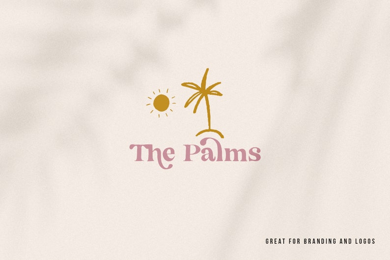 May include: A logo design featuring a stylized palm tree and sun in gold with the text "The Palms" in pink. The text "Great for branding and logos" is at the bottom of the image.