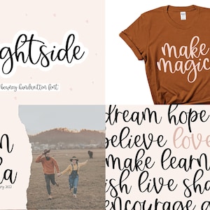 May include: A digital download of a handwritten font called "brightside". The font is bouncy and playful. The image shows examples of the font used in different contexts, including a t-shirt design, a wedding invitation, and a list of positive words.