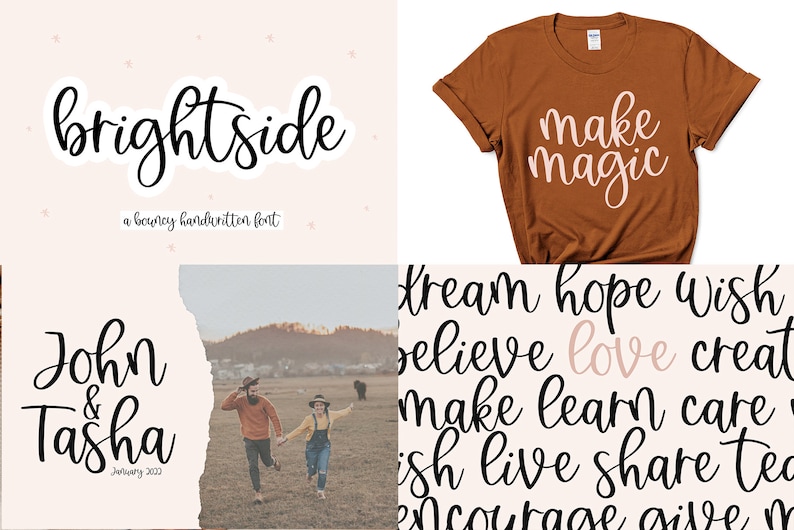 May include: A digital download of a handwritten font called "brightside". The font is bouncy and playful. The image shows examples of the font used in different contexts, including a t-shirt design, a wedding invitation, and a list of positive words.