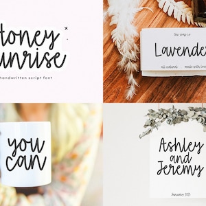 May include: A handwritten font called "Honey Sunrise" displayed on a white background. The font is used in various examples, including a mug that says "you can", a sign that says "Lavender", and a sign that says "Ashley and Jeremy" with the date "January 2025".