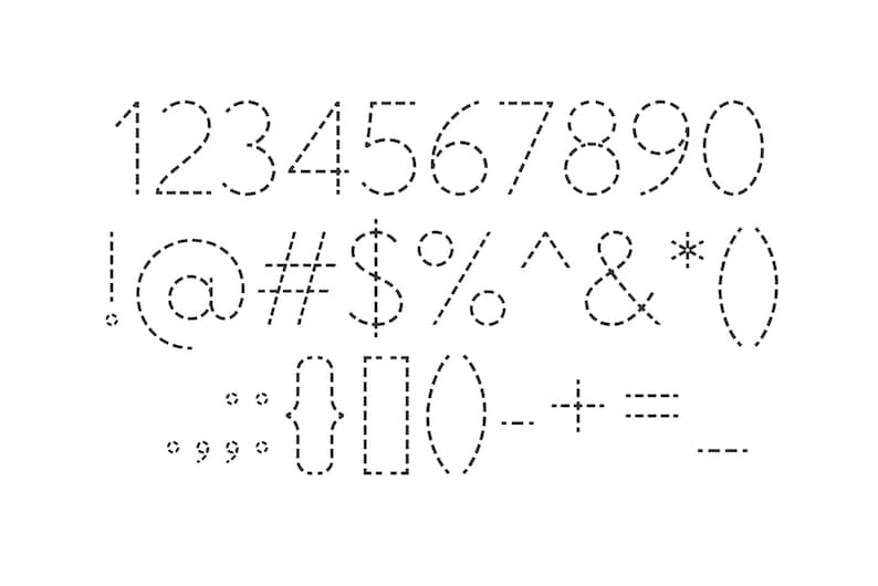 May include: A set of dashed lines forming the numbers 1 through 0, punctuation marks, and symbols. The symbols include an at sign, pound sign, dollar sign, percent sign, caret, ampersand, asterisk, parenthesis, curly braces, square brackets, and a hyphen, plus sign, equals sign, and underscore.