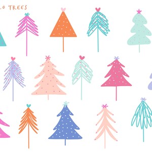 May include: Twenty colorful hand-drawn Christmas trees with various decorations, including hearts, stars, and dots.  Includes 20 trees.