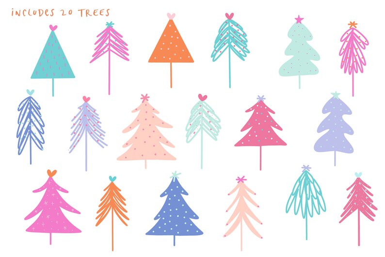 May include: Twenty colorful hand-drawn Christmas trees with various decorations, including hearts, stars, and dots.  Includes 20 trees.