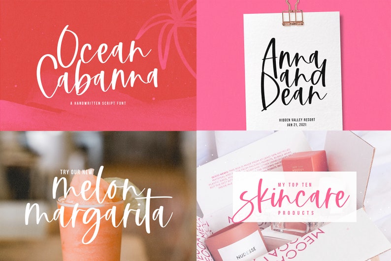 May include: A collage of four images featuring handwritten script fonts. The top left image shows the text "Ocean Cabanna" in a white script font on a pink background. The top right image shows the text "Anna and Dean" in a black script font on a white background. The bottom left image shows the text "Try our new melon margarita" in a white script font on a white background with a pink drink in the foreground. The bottom right image shows the text "My Top Ten Skincare Products" in a pink script font on a white background with skincare products in the foreground.