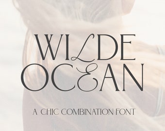Peut inclure: Un design graphique avec le texte "WILDE OCEAN" dans une police serif avec une fioriture décorative sur le "E" de "WILDE". Le texte est en noir et est placé sur un fond flou de cheveux et d'épaule d'une personne.