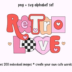 Conjunto de alfabetos de amor retro - Letras retro PNG, Letras retro SVG, Conjunto de alfabetos, Clip Art retro, Alfabeto de sublimación, Cartas de rescate