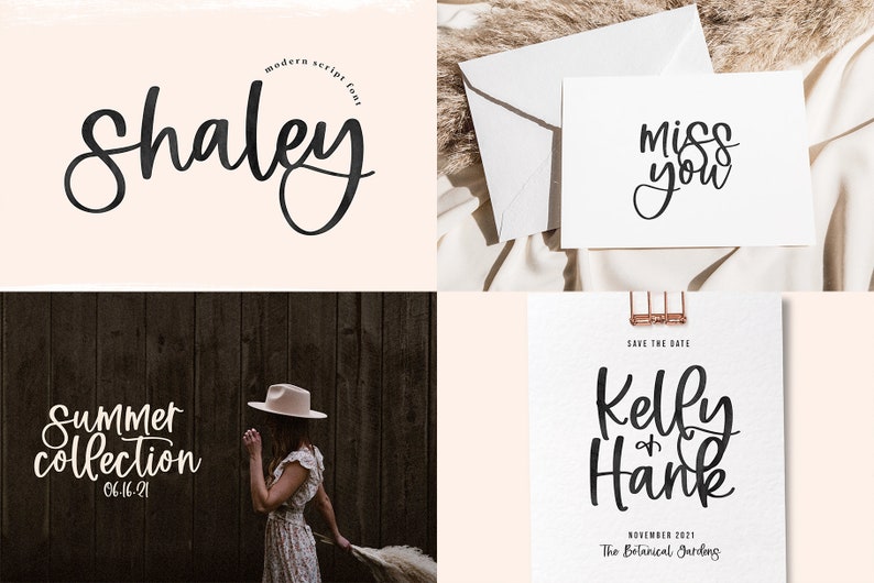 May include: A collection of images showcasing the "Shaley" font. The font is a modern script font with a handwritten style. The images show the font used in different contexts, such as a logo, a greeting card, and a wedding invitation.