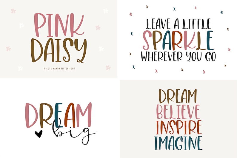 Pode incluir: Um download digital de uma fonte de letra manuscrita chamada "Pink Daisy". A fonte &eacute; mostrada em uma variedade de cores e estilos, incluindo rosa, marrom e azul-petr&oacute;leo. A fonte tamb&eacute;m &eacute; usada para criar v&aacute;rias cita&ccedil;&otilde;es inspiradoras, como "Deixe um pouco de brilho por onde voc&ecirc; passar" e "Sonhe grande".
