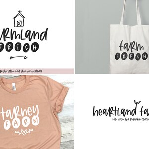 Peut inclure: Un collage de quatre images pr&eacute;sentant diff&eacute;rents designs pour un logo sur le th&egrave;me de la ferme. La premi&egrave;re image pr&eacute;sente le texte "farmland fresh" avec une petite ic&ocirc;ne de grange. La deuxi&egrave;me image montre un sac fourre-tout avec le texte "farm fresh". La troisi&egrave;me image montre un t-shirt avec le texte "tarney farm". La quatri&egrave;me image montre le texte "heartland farms" avec une petite ic&ocirc;ne de pousse et le texte "now open for pumpkin season".