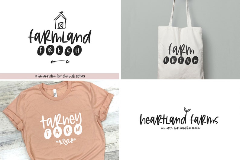 Peut inclure: Un collage de quatre images pr&eacute;sentant diff&eacute;rents designs pour un logo sur le th&egrave;me de la ferme. La premi&egrave;re image pr&eacute;sente le texte "farmland fresh" avec une petite ic&ocirc;ne de grange. La deuxi&egrave;me image montre un sac fourre-tout avec le texte "farm fresh". La troisi&egrave;me image montre un t-shirt avec le texte "tarney farm". La quatri&egrave;me image montre le texte "heartland farms" avec une petite ic&ocirc;ne de pousse et le texte "now open for pumpkin season".