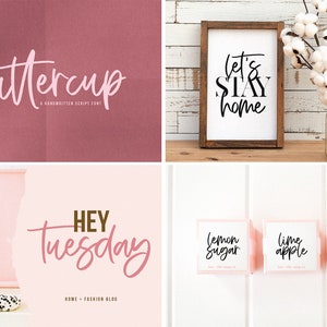 Peut inclure: Un collage d'images pr&eacute;sentant une police d'&eacute;criture manuscrite appel&eacute;e "Buttercup" en rose, une pancarte avec le texte "Let's Stay Home" en noir et blanc, une pancarte avec le texte "Hey Tuesday" en rose et or, et trois &eacute;tiquettes avec le texte "Lemon Sugar", "Lime Apple" et "Kiwi Berry" en noir.