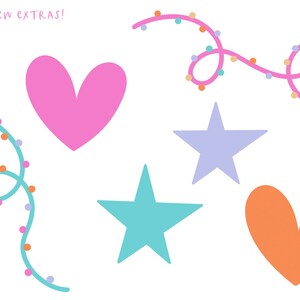 May include: A set of digital clipart featuring a pink heart, an orange heart, a turquoise star, a purple star, and two turquoise and pink string lights.
