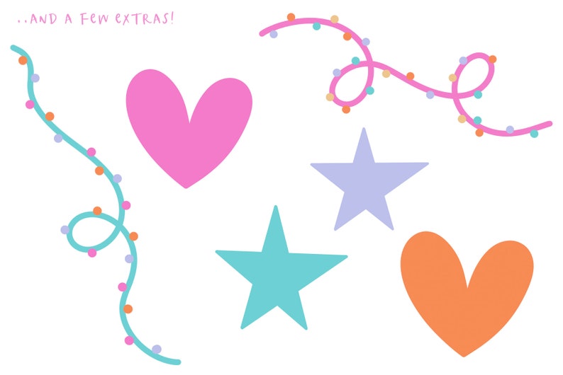 May include: A set of digital clipart featuring a pink heart, an orange heart, a turquoise star, a purple star, and two turquoise and pink string lights.
