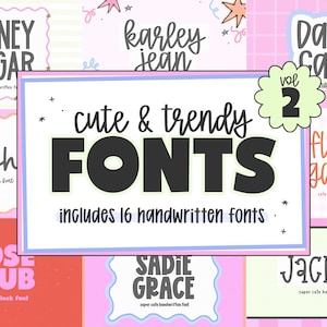 Peut inclure: Un affichage numérique présentant le texte "cute & trendy FONTS includes 16 handwritten fonts" avec un badge "vol 2". L'arrière-plan est un collage d'échantillons de polices de différentes couleurs et styles, incluant "HONEY SUGAR", "karley jean", "DAISY CAKE", "Marsh", "flower garden", "ROSE CLUB", "SADIE GRACE" et "Jackson".