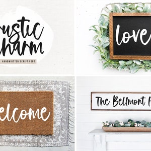Peut inclure: Un collage de quatre images mettant en valeur une police d'&eacute;criture manuscrite appel&eacute;e "rustic charm". La police est utilis&eacute;e dans diff&eacute;rents contextes, notamment un paillasson, une pancarte qui dit "love" et une pancarte qui dit "The Bellmont Family".