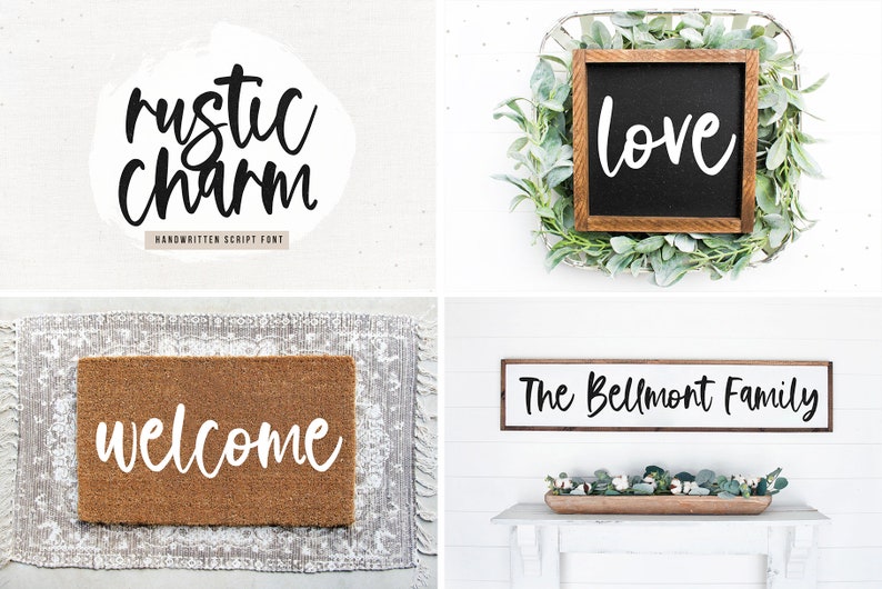 Peut inclure: Un collage de quatre images mettant en valeur une police d'&eacute;criture manuscrite appel&eacute;e "rustic charm". La police est utilis&eacute;e dans diff&eacute;rents contextes, notamment un paillasson, une pancarte qui dit "love" et une pancarte qui dit "The Bellmont Family".