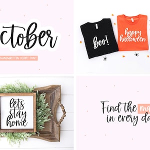 Pode incluir: Um conjunto de tr&ecirc;s t-shirts com diferentes designs tem&aacute;ticos de Halloween. A primeira camiseta &eacute; preta com a palavra "boo!" em branco. A segunda camiseta &eacute; laranja com as palavras "happy halloween" em branco. A terceira camiseta &eacute; branca com as palavras "october 31st" em preto. As camisetas est&atilde;o todas sobre um fundo branco com milho doce e aranhas.