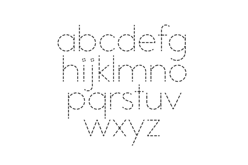 May include: A dotted line alphabet in black on a white background. The letters are in uppercase and are arranged in three rows.