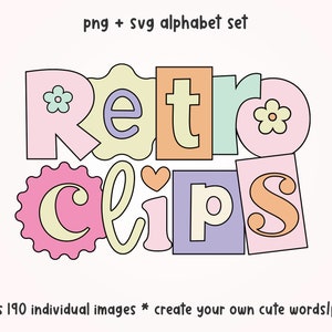 Conjunto de alfabeto de clipes retrô, letras retrô PNG, letras retrô SVG, clipart de alfabeto, clipart retrô, alfabeto de sublimação, clipart fofo