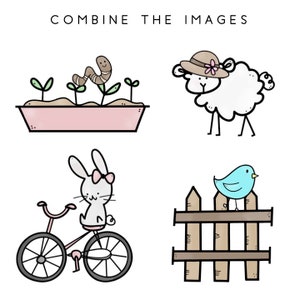 May include: A digital illustration of a farm scene with a white sheep wearing a brown hat, a blue bird on a wooden fence, a bunny riding a bicycle, and a pink planter with green sprouts and a brown worm.
