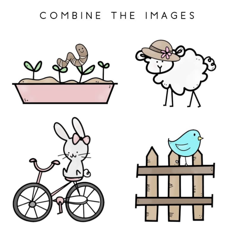 May include: A digital illustration of a farm scene with a white sheep wearing a brown hat, a blue bird on a wooden fence, a bunny riding a bicycle, and a pink planter with green sprouts and a brown worm.
