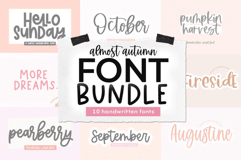 Pode incluir: Uma colagem de 10 fontes escritas &agrave; m&atilde;o com um tema de outono. As fontes s&atilde;o exibidas em v&aacute;rias cores e estilos, incluindo "Hello Sunday", "More Dreams", "October", "Almost Autumn", "Pumpkin Harvest", "Fireside", "Pearberry", "September" e "Augustine".