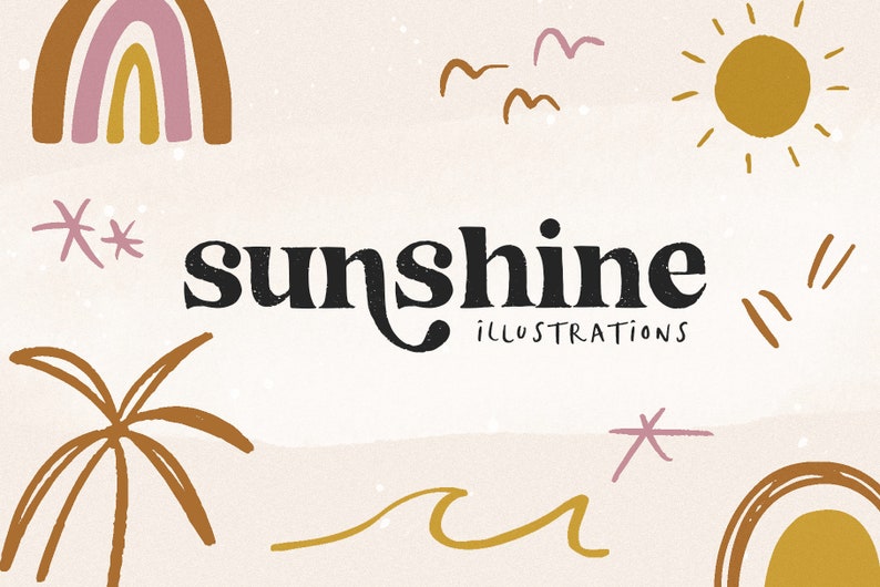 May include: A digital illustration set with the text "sunshine illustrations". The illustrations include a sun, palm tree, rainbow, waves, and stars in a warm color palette.