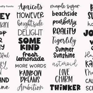 May include: A black and white image showcasing 50 craft-friendly fonts. The fonts are displayed in a grid format, with each font name written in its corresponding style. The fonts include names like "Honey", "Beach Bikini", "Cakepop", "Apricots", "However", "Brightside", "Delight", "Some Kind", "Fresh Lemonade", "Maple Sugar", "Beachside", "Pearberry", "Reality", "Tigerlily", "Summer Sunshine", "Beach Sunrise", "Hopefully", "Joyful", "Wild One", "Hayward", "Karoline", "Moonlight", "California", "Scramble", "More Words", "Rainbow Dreams", "Ambition", "Thinker", "Asteroid", "Love Charm", "Thoughtful", "Sour Slushy", "Blueberry Muffin", "Tigerland", "Imagine".