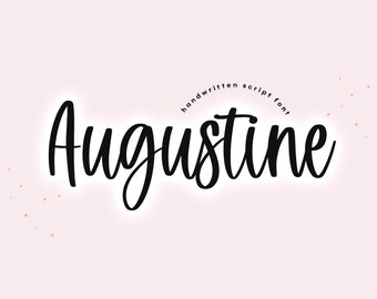 May include: A digital graphic featuring the word "Augustine" in a flowing, handwritten script font. The text is black against a soft pink background, with the words "handwritten script font" above. Small orange dots are scattered around the text.