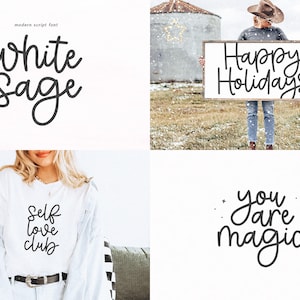 May include: A collage of four images featuring handwritten text in a modern script font. The text includes "White Sage", "Happy Holidays", "Self Love Club", and "You Are Magic".