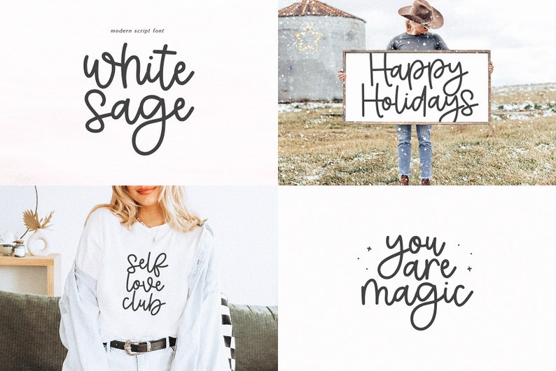 May include: A collage of four images featuring handwritten text in a modern script font. The text includes "White Sage", "Happy Holidays", "Self Love Club", and "You Are Magic".