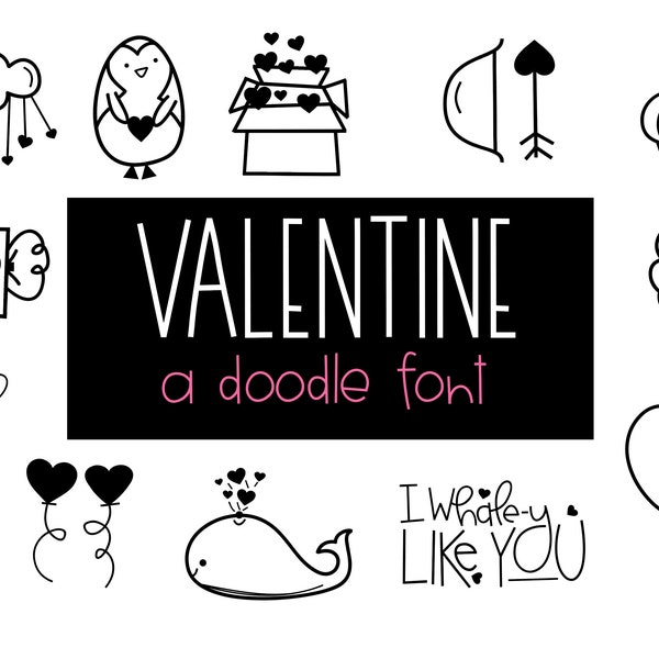 Valentine's Day Doodle Font - Dingbats Font, Cute Valentine Doodles, Hearts, Valentine's Day Font, Procreate Font