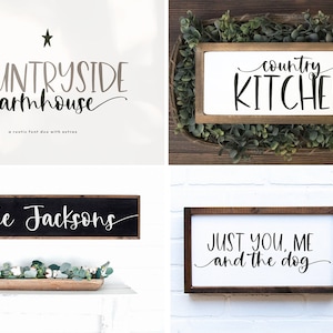 Peut inclure: Quatre pancartes en bois diff&eacute;rentes avec du texte en calligraphie noire. Les pancartes disent "COUNTRYSIDE farmhouse", "country KITCHEN", "The Jacksons", et "JUST YOU, ME and the dog".