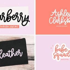 Pode incluir: Uma colagem de quatro imagens que mostram diferentes usos da fonte de escrita manuscrita "pearberry". A primeira imagem mostra o nome da fonte em preto sobre um fundo rosa. A segunda imagem mostra o nome "Ashley Clarkson" em branco sobre um fundo coral. A terceira imagem mostra o nome "Heather" em branco sobre um fundo preto. A quarta imagem mostra o texto "babe squad" em coral sobre um fundo rosa.