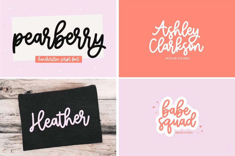 Pode incluir: Uma colagem de quatro imagens que mostram diferentes usos da fonte de escrita manuscrita "pearberry". A primeira imagem mostra o nome da fonte em preto sobre um fundo rosa. A segunda imagem mostra o nome "Ashley Clarkson" em branco sobre um fundo coral. A terceira imagem mostra o nome "Heather" em branco sobre um fundo preto. A quarta imagem mostra o texto "babe squad" em coral sobre um fundo rosa.
