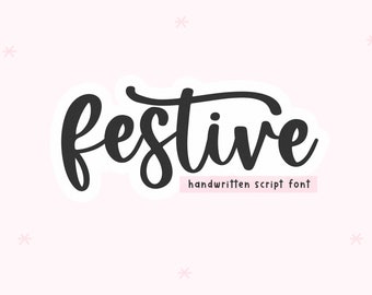 May include: Festive handwritten script font in black text on a pink background with small white stars.